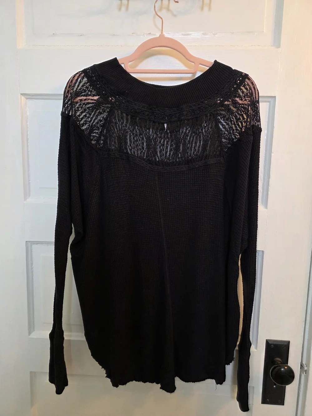 Free People Spring Valley Black Lace Yoke Waffle Thermal Top Size S